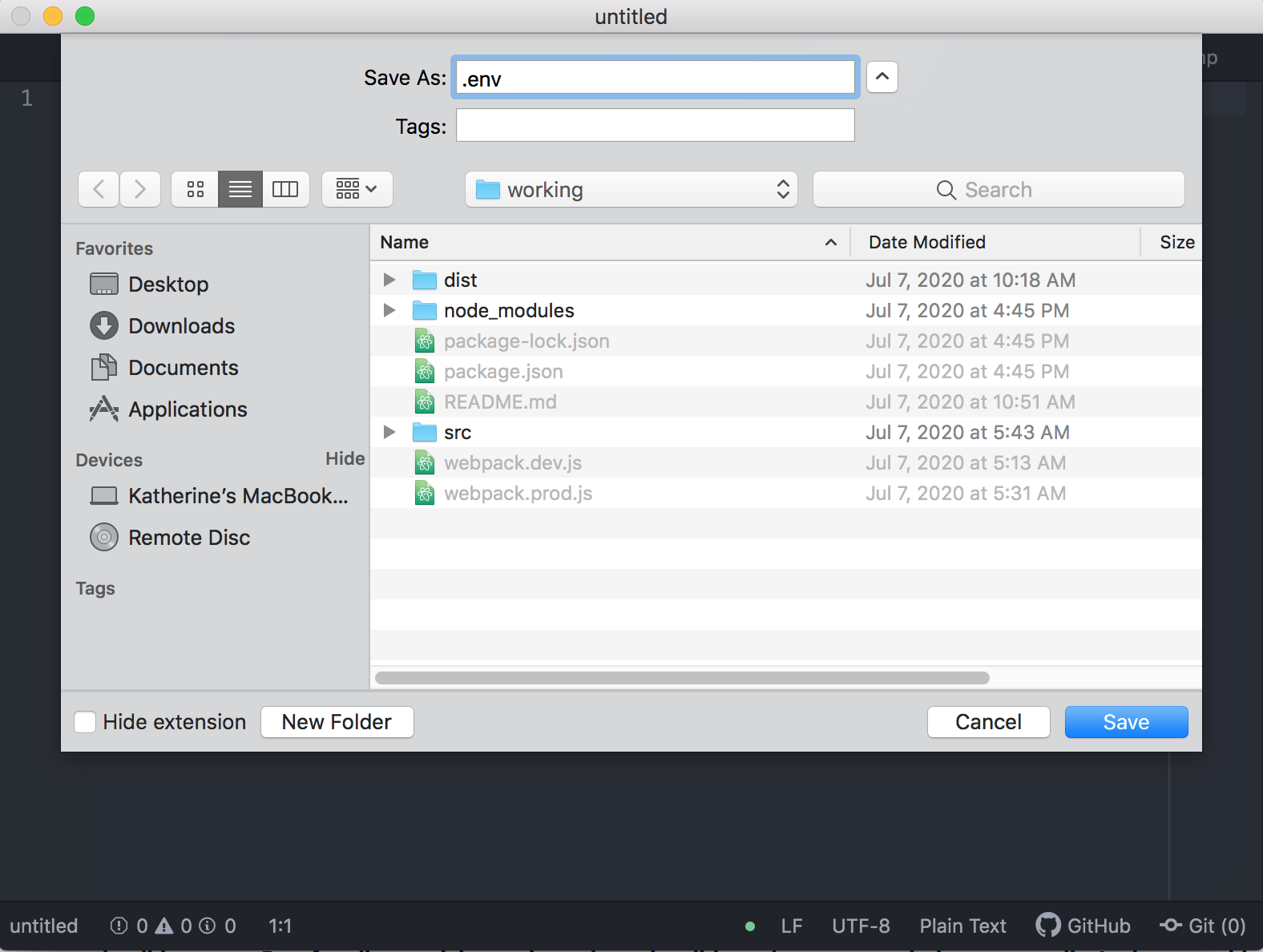 Saving a .env file to a project root.