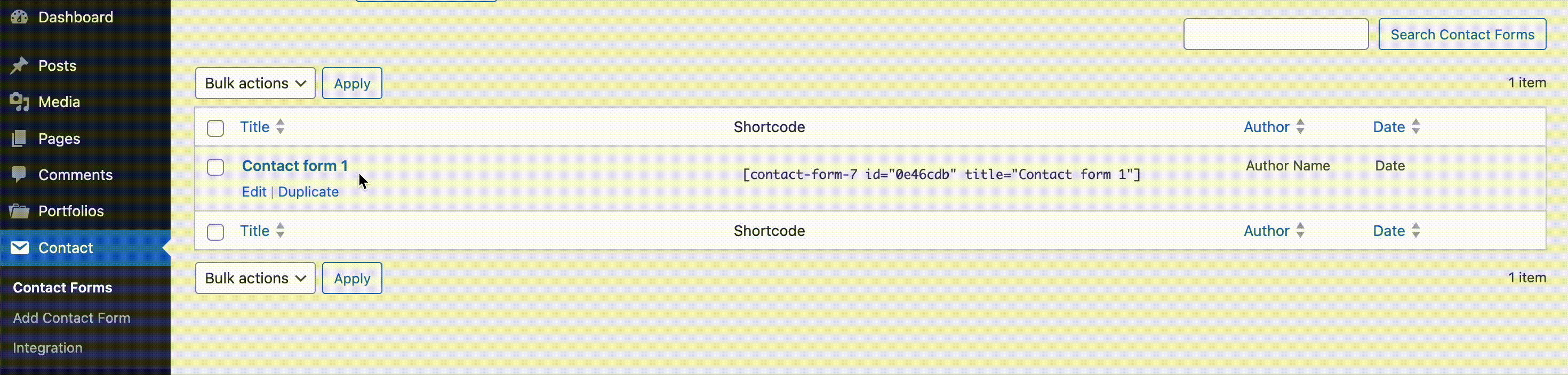 WordPress Dashboard view of Contact Form 7